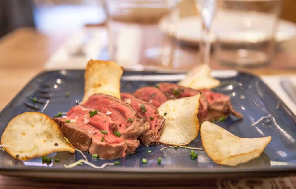 Ox sirloin tataki with miso sauce and yucca chips